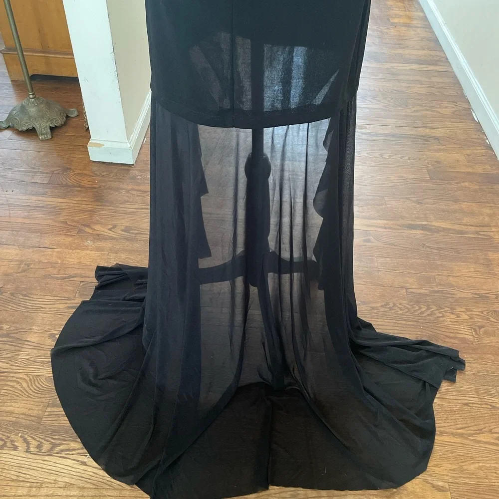 Black Mini Tube Dress with White Floral Detail & Sheer Ruffle Train - Picture 11 of 13